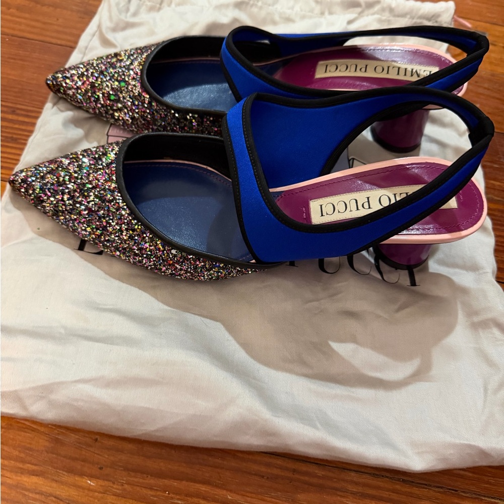 Authentic Emilio Pucci Glitter and Blue Slingback Heels size 38.5 - Picture 5 of 6